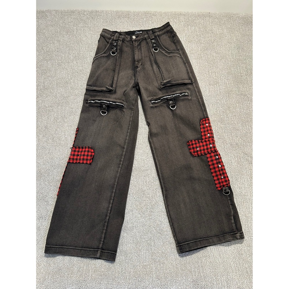 Hot Topic Womens Black Wash Denim Jeans Red Plaid Cross Patch Goth‎ Punk Size 15